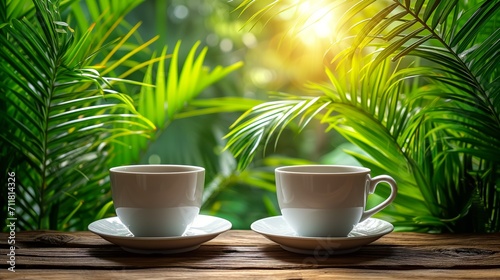 Morning coffee for two amidst tropical greenery with sun flare