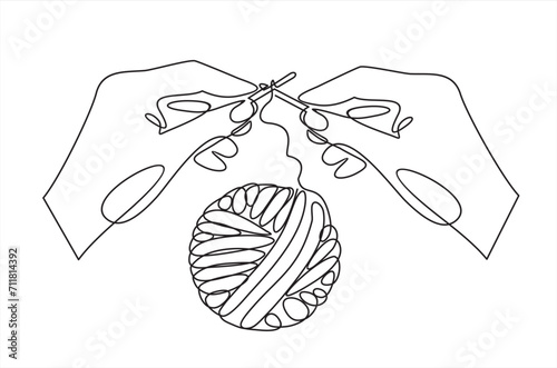 Continuous one line drawing of human hands knitting. handmade and cozy hobby symbol in simple linear style. Doodle outline vector illustration