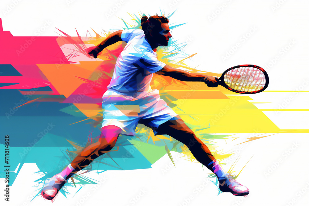 Abstract watercolour painting of an athlete male tennis player at a match sport tournament event, exemplifying athleticism and competitive spirit, stock illustration image - obrazy, fototapety, plakaty 