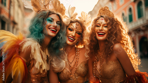 Tres amigas jovenes disfrazadas celebrando carnavalfiesta, gente, grupo, mujer, amiga, discoteca, diversión, club, chica, noche, baile, moda, sonriente, celebraciones, sonrisa, tres, vida nocturna, cu photo