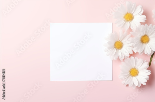 Top view of white square card on pink background with flowers, square paper sheet mockup with copy space, Generative AI