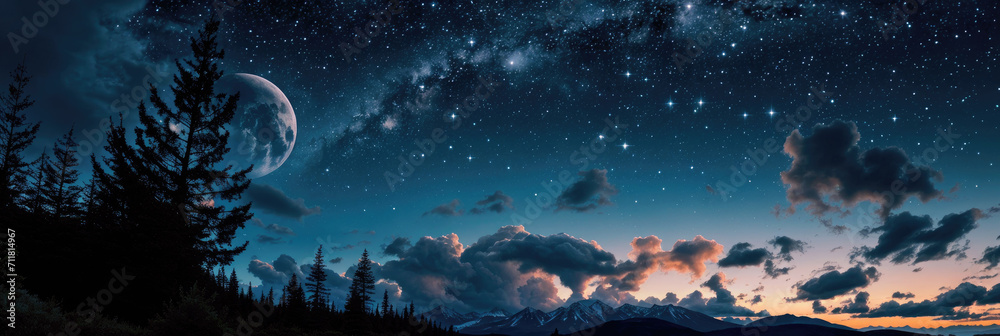 Panorama night sky with a star-filled dome, a sliver of a moon, and a mountain range with pine trees at the base.