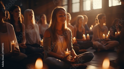 A Group of People Meditating in a Room, photo