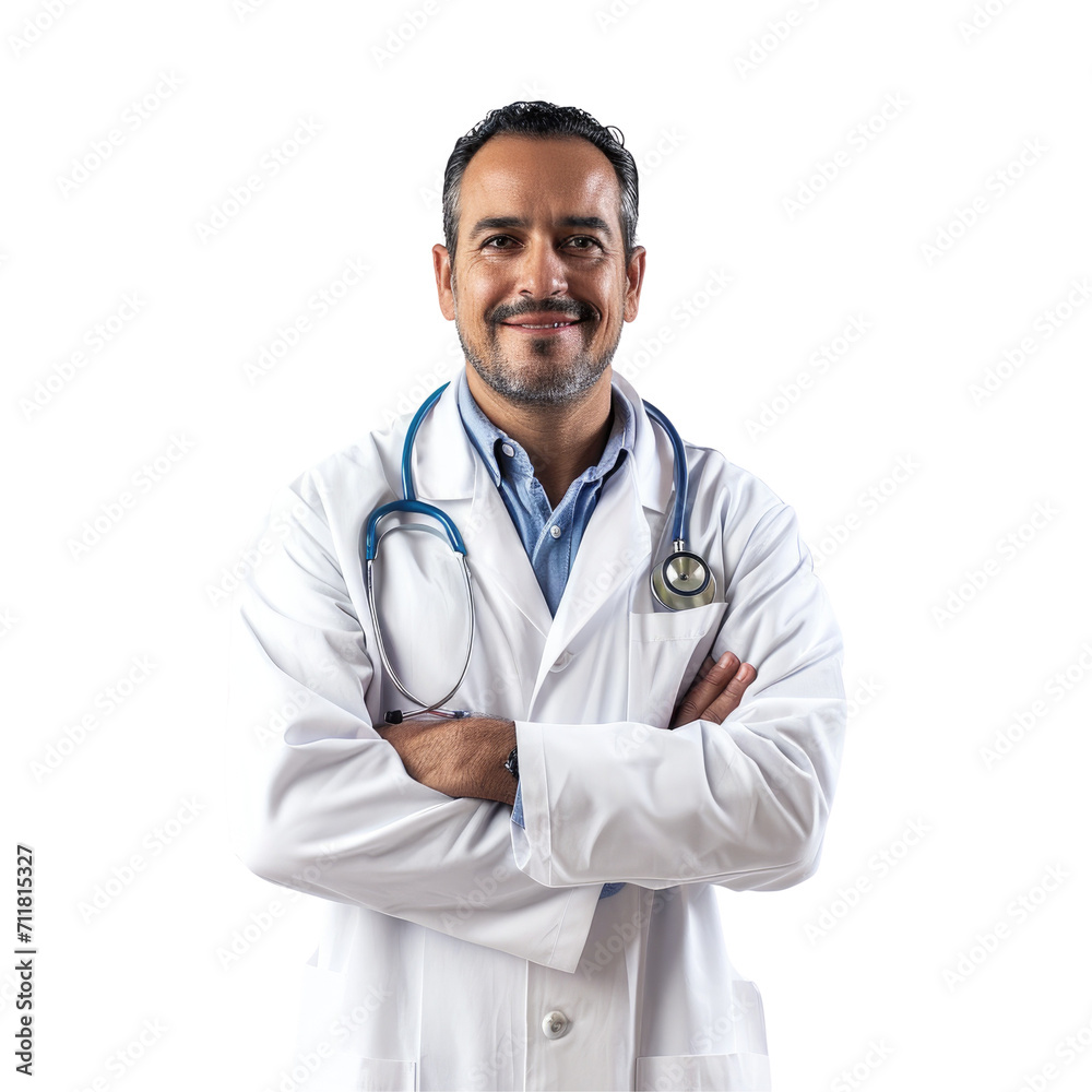 A smiling male doctor with crossed arms wearing a lab coat and stethoscope. A smiling male doctor with crossed arms wearing a lab coat and stethoscope.
