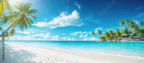 Panoramic view of an idyllic tropical beach with crystal clear turquoise waters, white sandy shore, and lush palm trees under a bright blue sky.