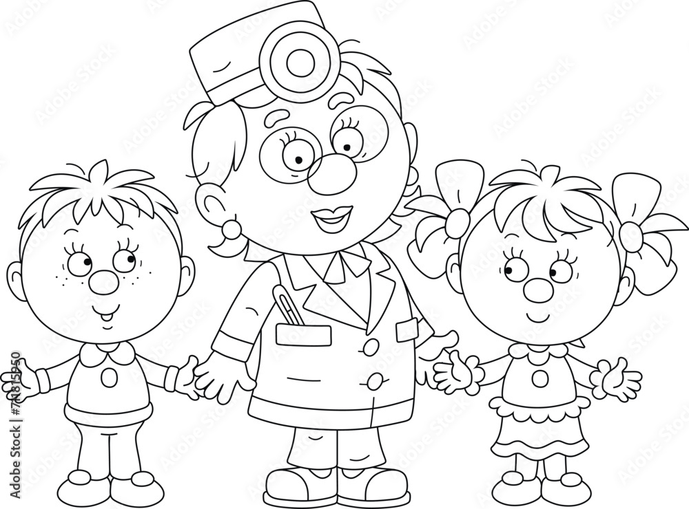 Doctor and happy little boy and girl talking about healthy lifestyle at home and at school, black and white vector cartoon illustration for a coloring book Doctor and happy little boy and girl talking about healthy lifestyle at home and at school, black and white vector cartoon illustration for a coloring book