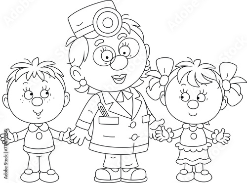 Doctor and happy little boy and girl talking about healthy lifestyle at home and at school, black and white vector cartoon illustration for a coloring book