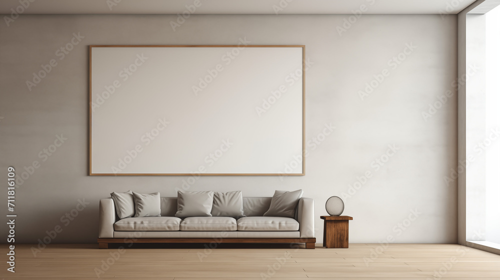 Fototapeta premium White living room with couch plants and blank canvas pictureframe. Modern interior with white design.