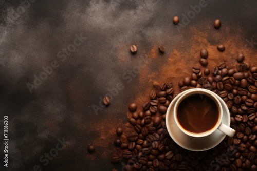 Cup of coffee and coffee beans on a dark background, top view. AI generative.
