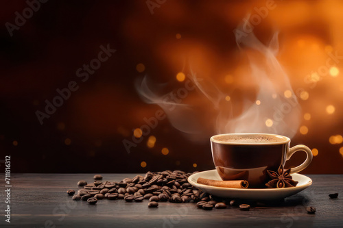 Cup of coffee, spices and coffee beans. Copy space background. AI generative.