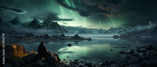 Man sitting on a rock in front of a lake and mountains under the aurora borealis