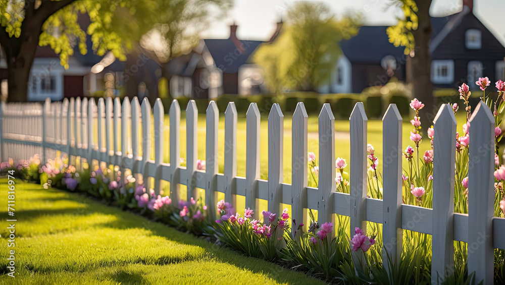 Wooden Picket Fence in Spring with Blooming Flowers in Suburbs Cut Grass DOF Homes Daytime Wallpaper Background