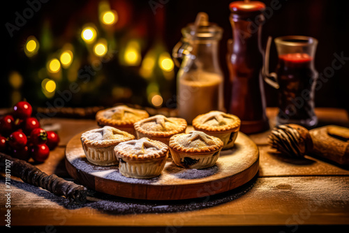 Relish the festive taste of a mince pie, gracefully presented on a wooden table. This delectable treat captures the essence of holiday sweetness and tradition.