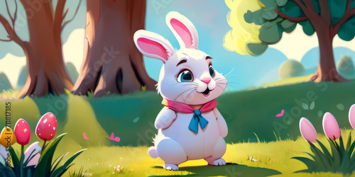 Illustrated Toon Easter Bunny Rabbit Walking in Field with Flowers and Trees in Background Wallpaper