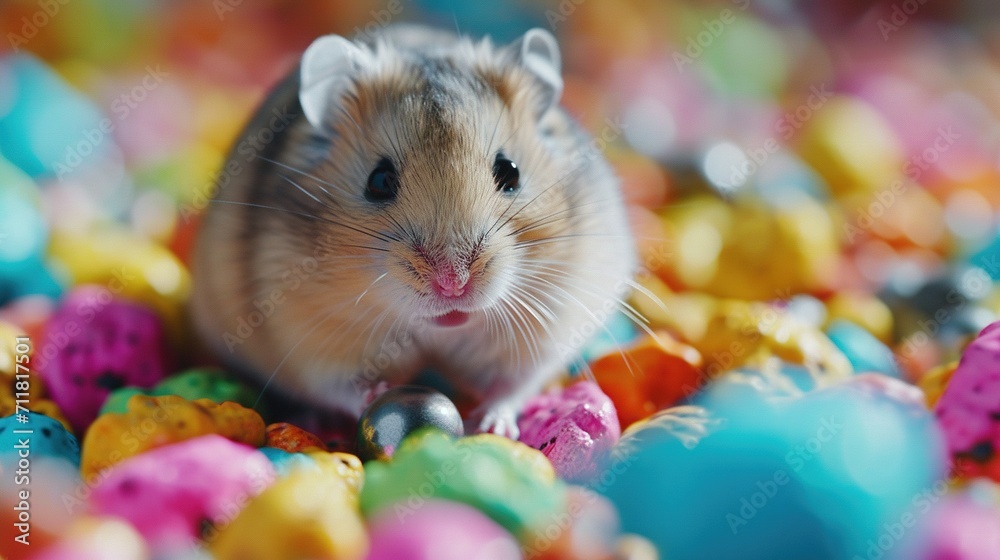 A hamster plays in a colorful environment. Created with Generative Ai technology. A hamster plays in a colorful environment. Created with Generative Ai technology.