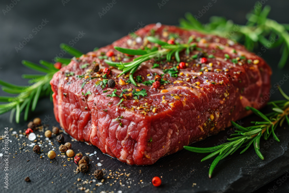 Delicious juicy raw steak with on a dark background with spices Ai generative Delicious juicy raw steak with on a dark background with spices Ai generative