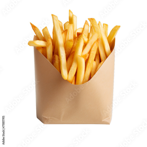 Paper bag full French Fries, white background
