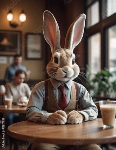 an anthropomorphic rabbit rests in a cafe with a cup of coffee