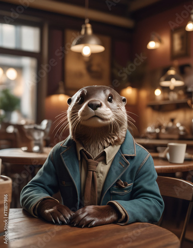 an anthropomorphic otter sits at a table with coffee in a cozy cafe