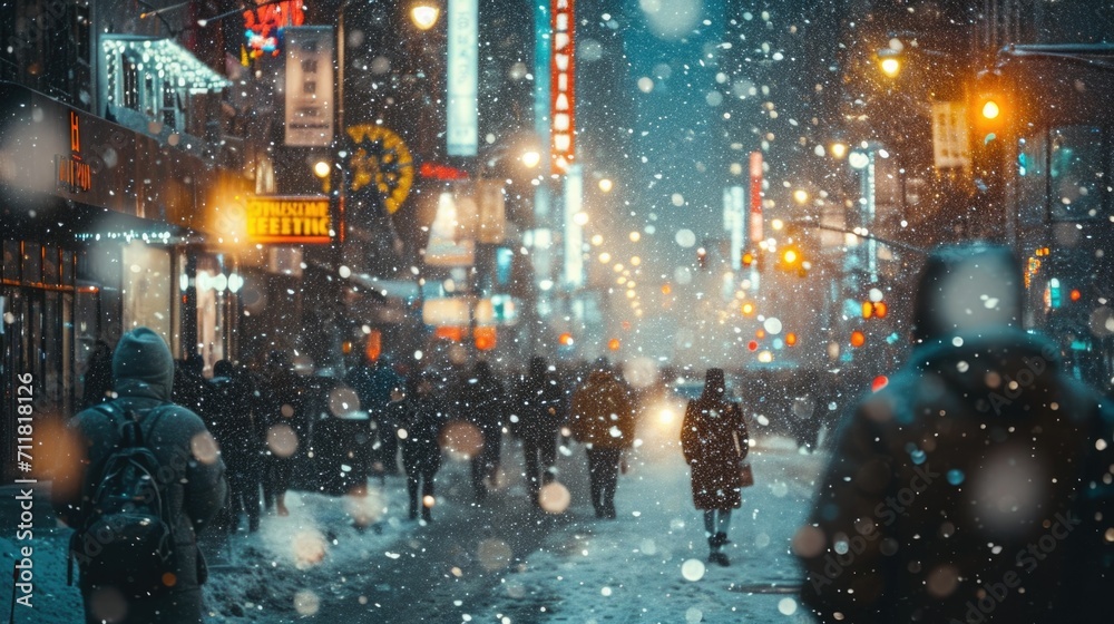 Winter Commute, People Walking Through a Snowy City Street, Blurred by Falling Snow, Wide Shot, City Lights Glowing Dimly, Urban Life in Extreme Cold.