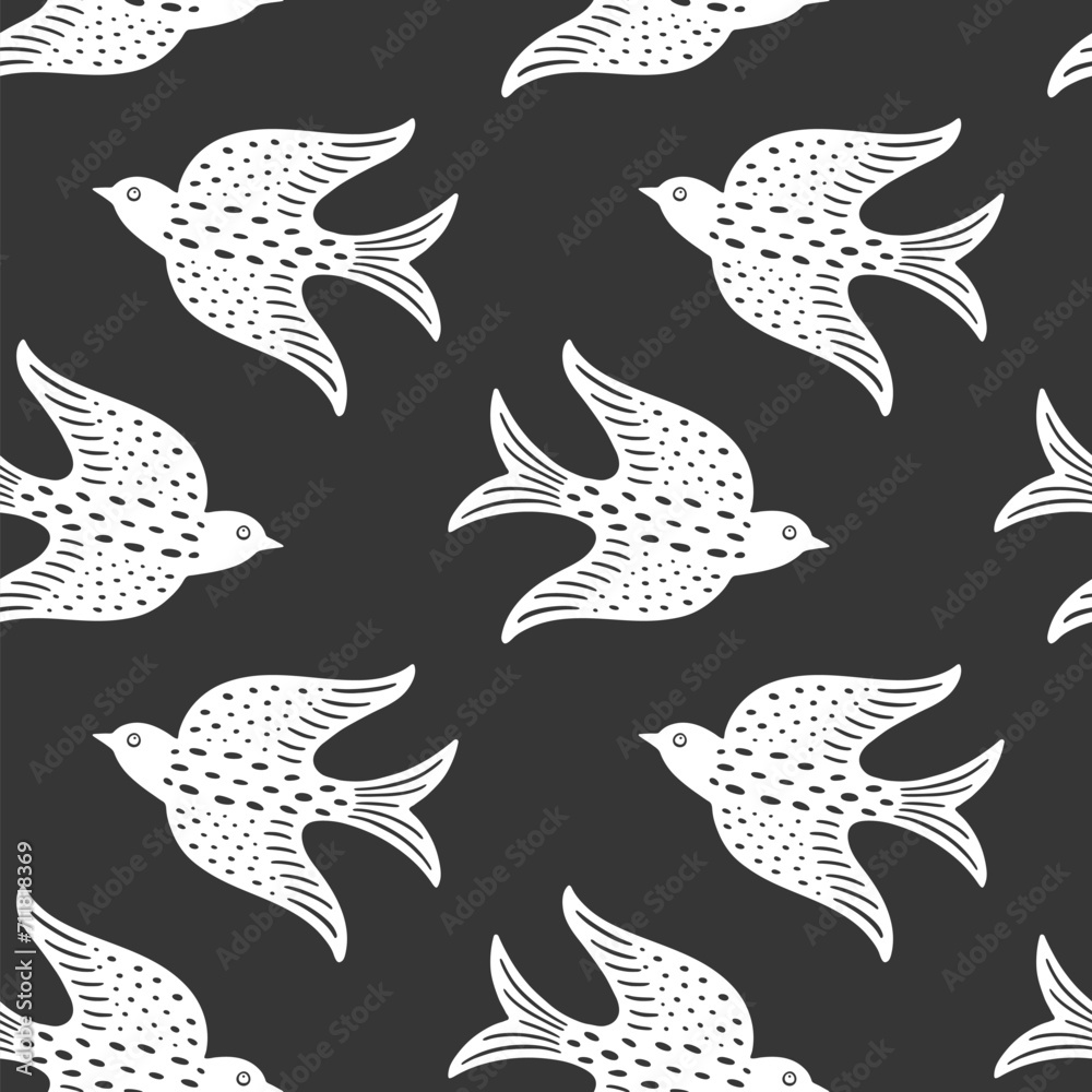 Hand drawn doodle decorative birds seamless texture, stylized folk birds silhouette seamless pattern