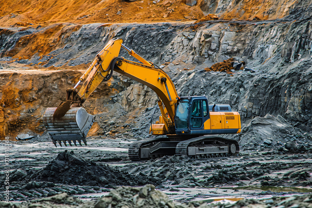 Excavator working on a construction site. Heavy duty construction equipment. Excavator working on a construction site. Heavy duty construction equipment.