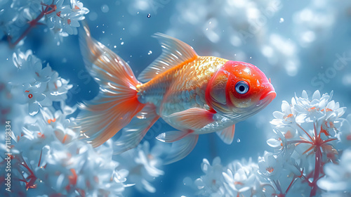 Goldfish swimming in the water. Concept of life, aquarium. 