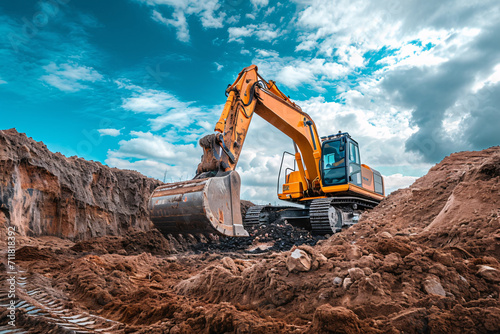 Excavator working on a construction site. Heavy duty construction equipment. photo