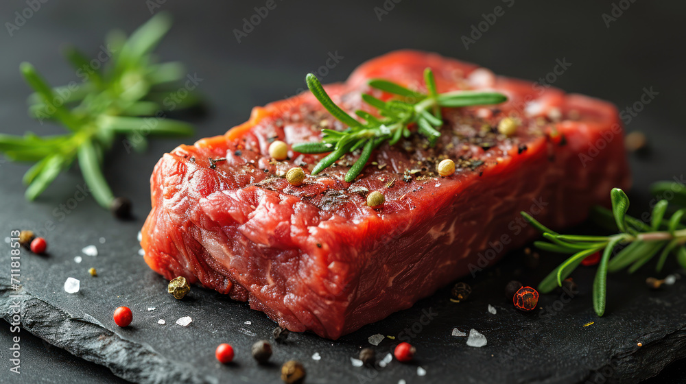 Delicious juicy raw steak with on a dark background with spices Ai generative Delicious juicy raw steak with on a dark background with spices Ai generative
