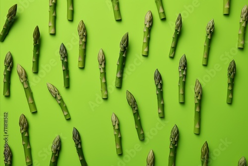 Fresh asparagus on green background. Healthy flat lay vegetables for cooking and nutrition