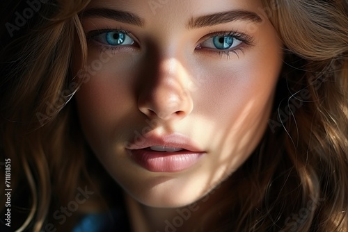 Portrait of a young woman with blue eyes and brown hair