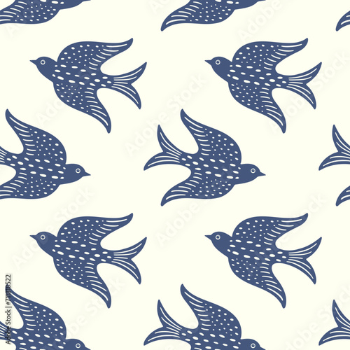 Hand drawn doodle decorative birds seamless texture, stylized folk birds silhouette seamless pattern