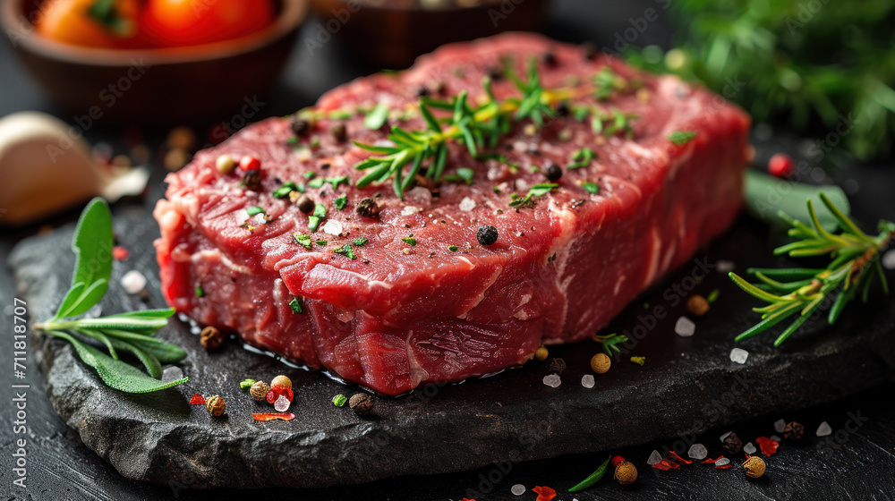 Delicious juicy raw steak with on a dark background with spices Ai generative Delicious juicy raw steak with on a dark background with spices Ai generative