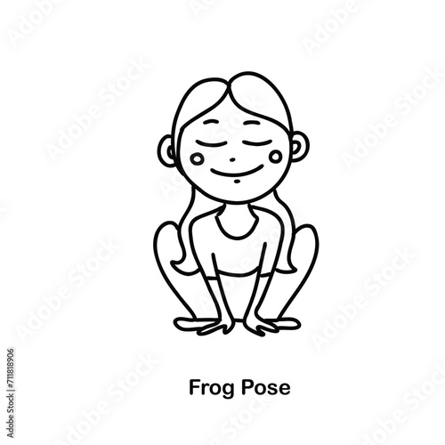 Kids yoga frog pose. Vector doodle illustration.