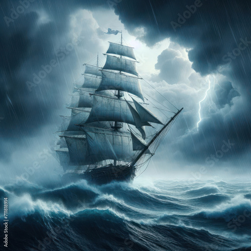 A ship sails on the sea during a storm.