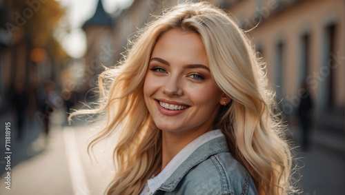 Portrait of a Beautiful Young Blond Russian Model Woman for a Tourism Campaign Advertisement in Urban Setting 