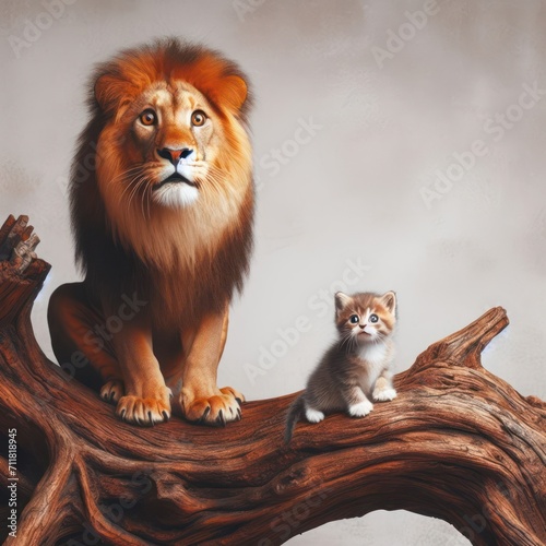 A frightened lion and a kitten are sitting on a thick tree branch.