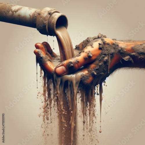 Dirty water flowing from a pipe onto a dirty hand.