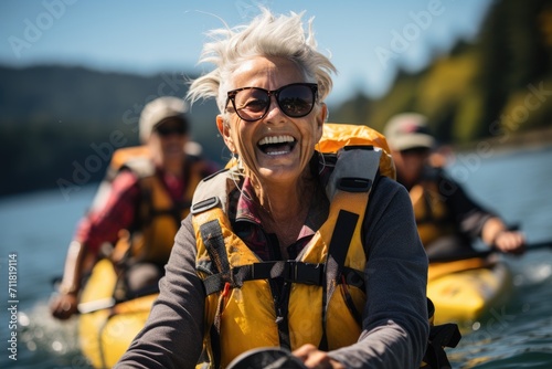 A vibrant woman embraces the thrill of adventure as she smiles confidently in her bright yellow life jacket while paddling her kayak on a serene lake surrounded by a clear blue sky © familymedia