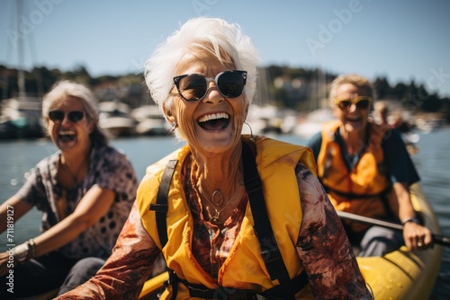 A group of women enjoying the outdoors on a sunny day, smiling and wearing stylish sunglasses and goggles while sitting in a boat on a tranquil lake