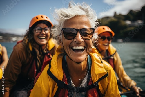 A joyful group of fashionable individuals, equipped with orange helmets and life jackets, stand confidently against a backdrop of clear blue sky and sparkling lake, their beaming smiles framed by sty photo