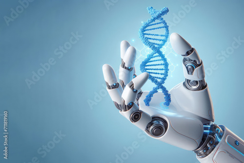 The robot's arm holds a piece of DNA. Space for text. photo