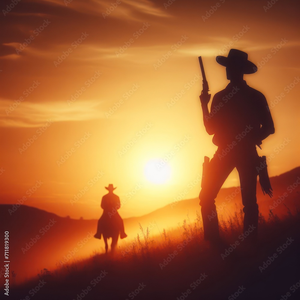 Silhouette of a cowboy with a revolver against the background of a sunset.