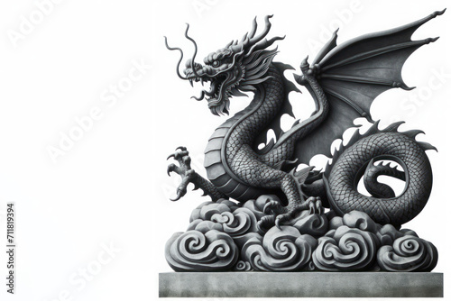 Chinese dragon made of stone on white background. Space for text.