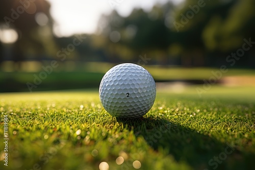 A lone golf ball sits peacefully on the vibrant green grass, a symbol of the tranquil yet challenging nature of the beloved sport
