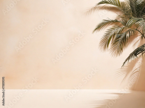 Blurred shadow from palm leaves on the light pink wall. Minimal abstract background for product presentation. 