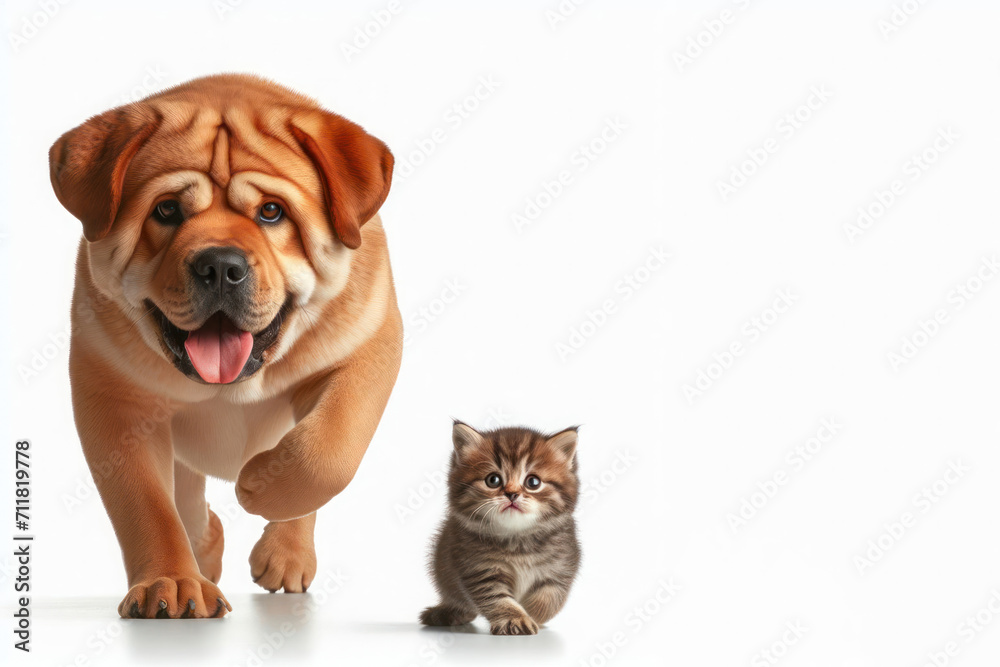 Dog and kitten walking together on a white background. Place for text.