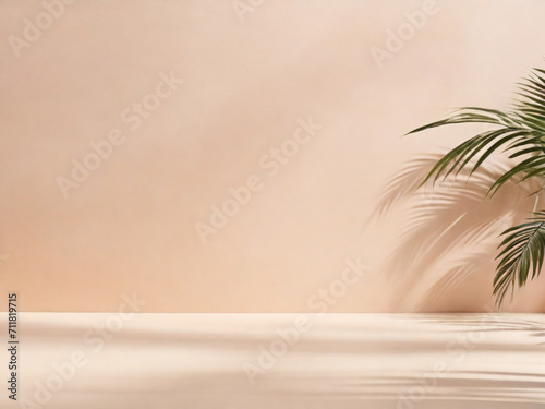 Blurred shadow from palm leaves on the light pink wall. Minimal abstract background for product presentation. Spring and summer ai image