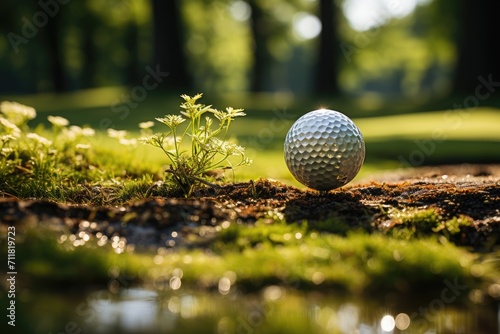 A perfectly positioned golf ball rests atop a vibrant green tee, ready to be launched into the lush outdoor landscape of the golf course