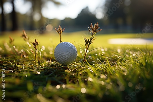 A vibrant golf ball sits among the lush blades of grass, beckoning players to the great outdoors for a day of sport and leisure